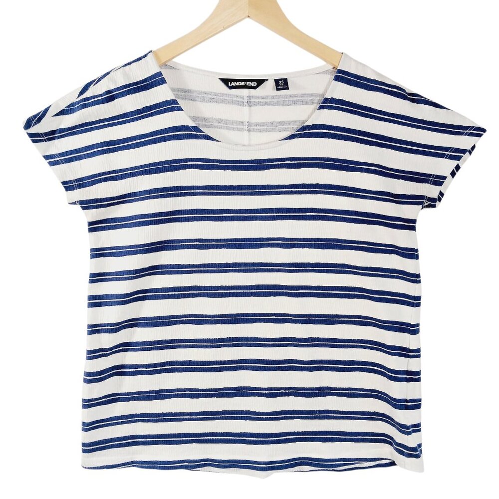 Lands End, Navy & White Stripe Short Sleeve Tee Slightly Ribbed Fabric Preppy XS - Picture 4 of 12